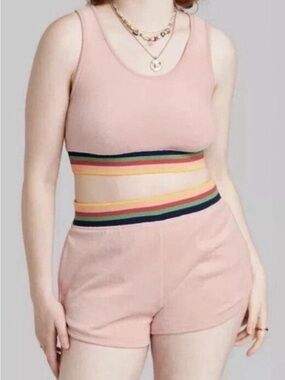 Wild Fable Pink Sleeveless Tank and Shorts Set with Multicolor Striped Waistband